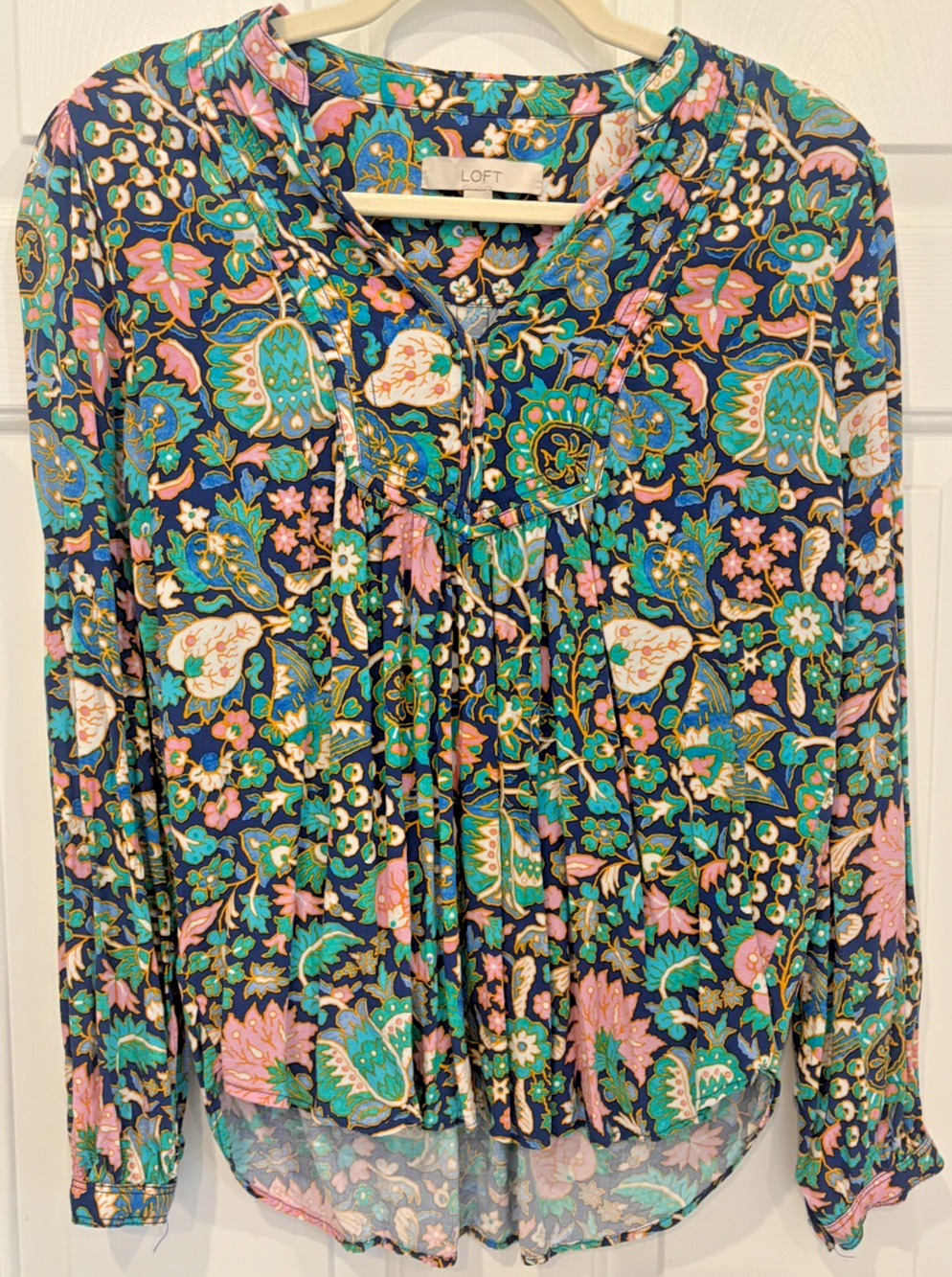 LOFT Floral Peasant Blouse Long Sleeve Split V-Neck Blue Pink Boho Top S 2-6